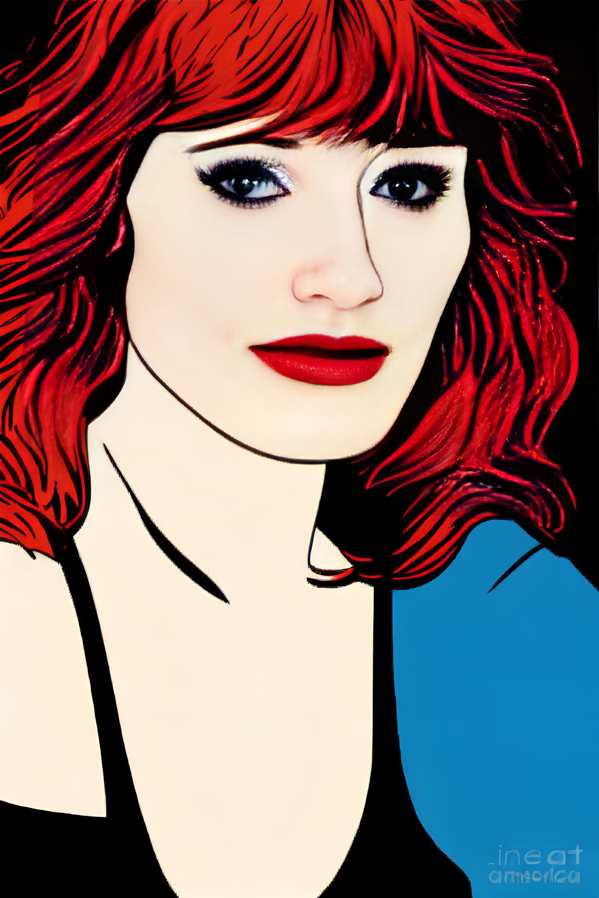 Stylized portrait of a woman with red hair and blue eyes