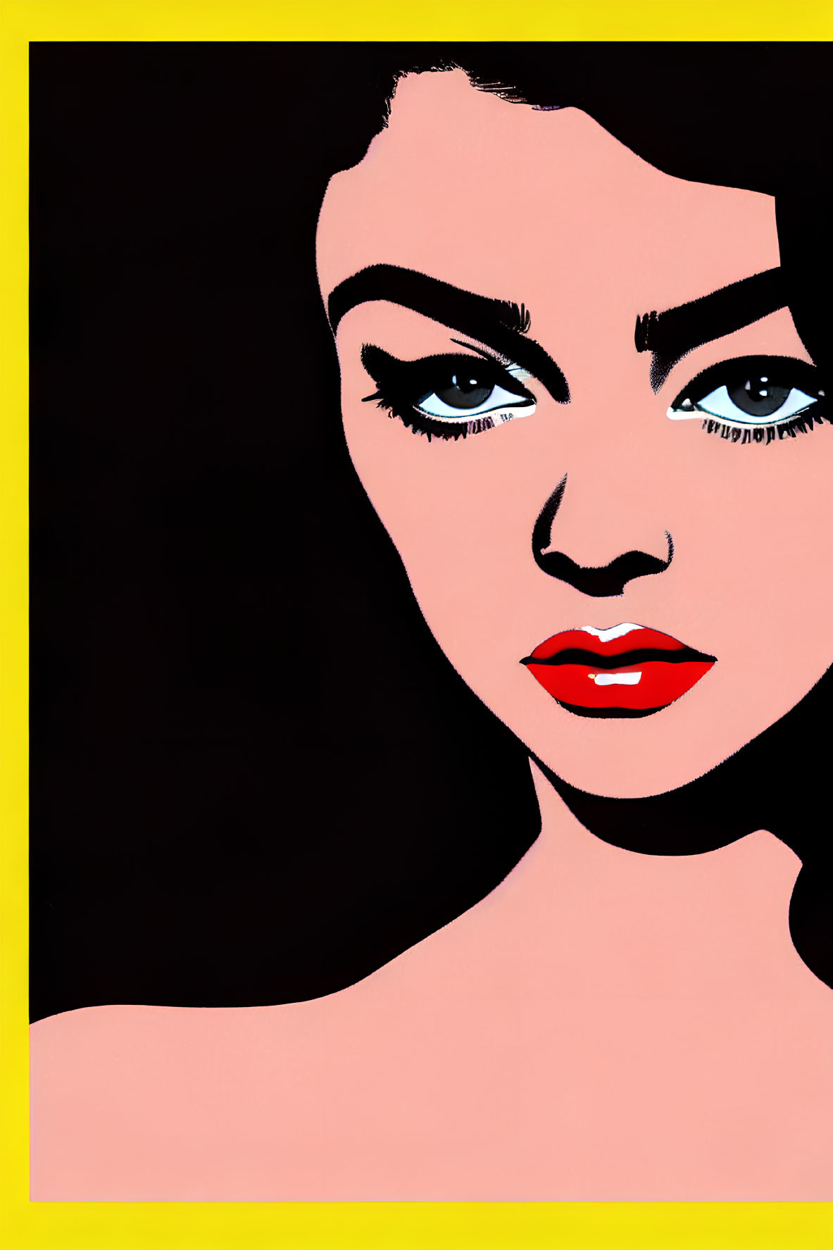Vibrant pop art portrait of a woman with black hair and red lipstick