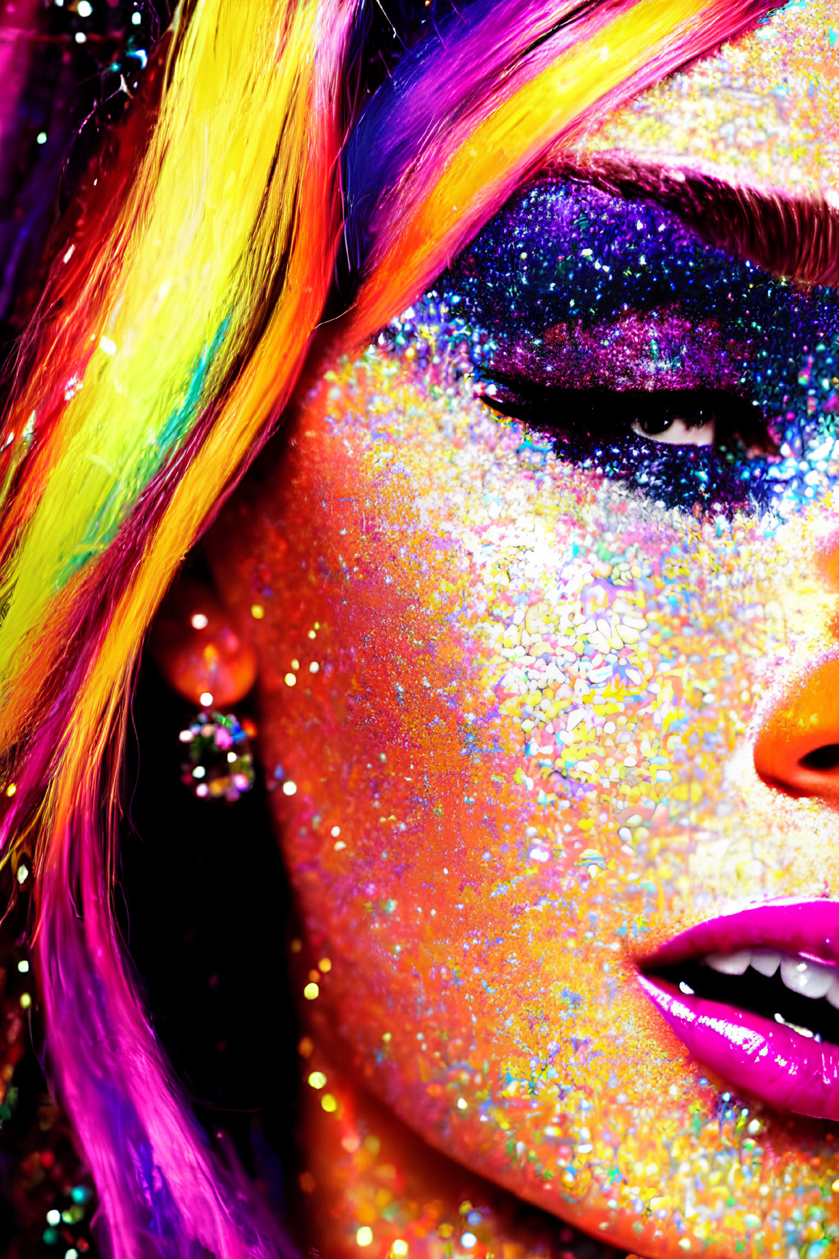 Colorful Close-Up of Person with Rainbow Hair and Glittery Makeup