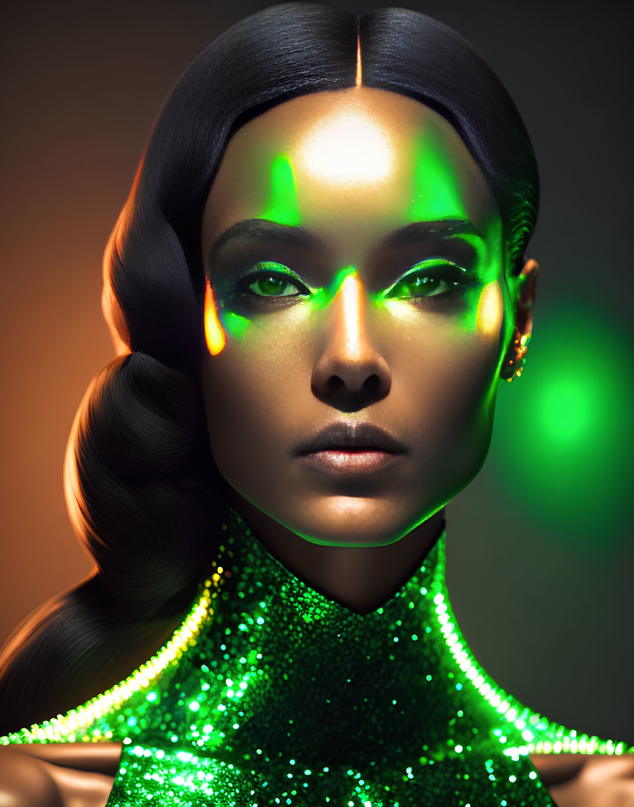Portrait of Woman with Sleek Hair and Green Neon Lighting in Shimmering Garment