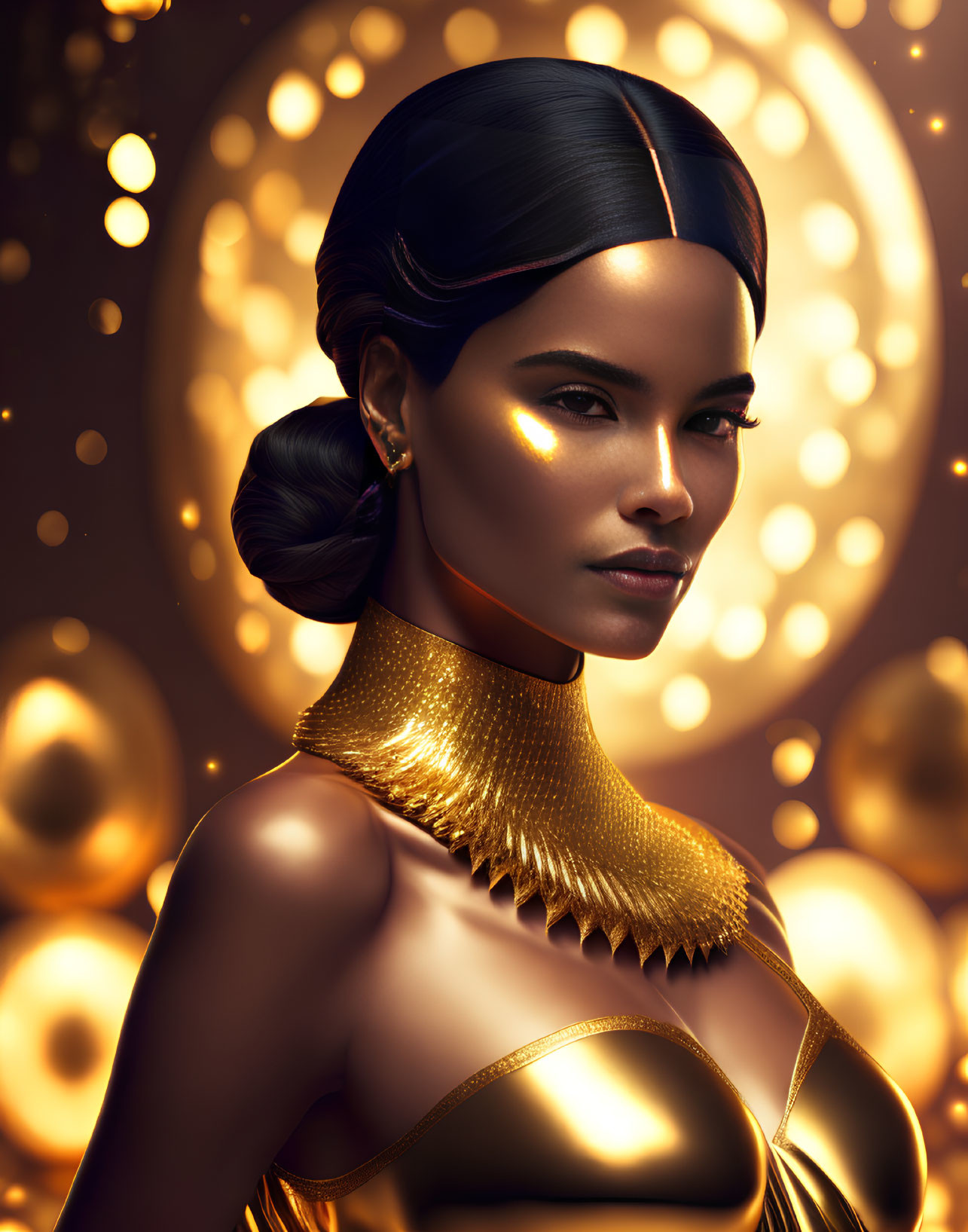 Stylish woman with sleek bun and gold choker in front of golden orbs