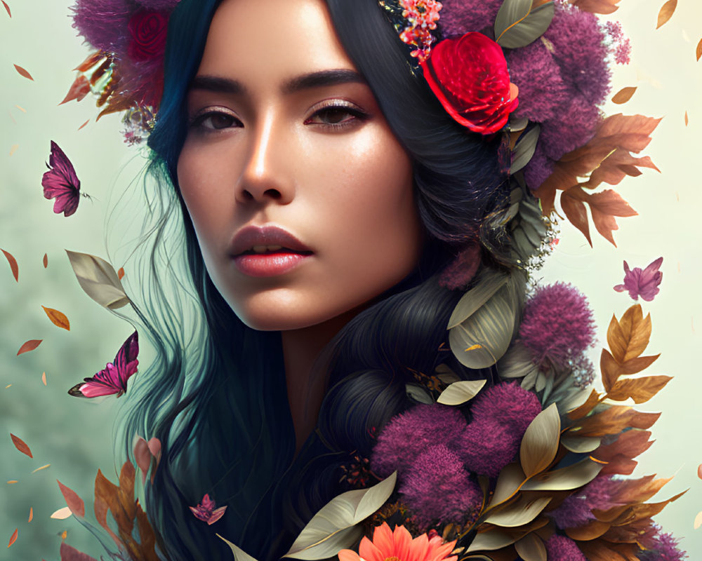 Colorful woman with floral headdress and butterflies: Detailed and vibrant nature-inspired art