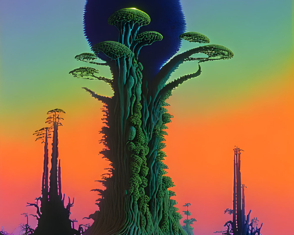 Surreal towering tree with mushroom-like canopy amidst gradient sky and vegetation