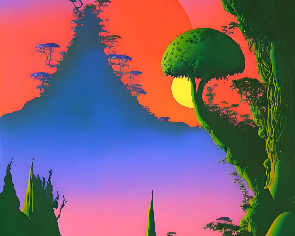Colorful Psychedelic Landscape with Red Sun and Towering Mushrooms