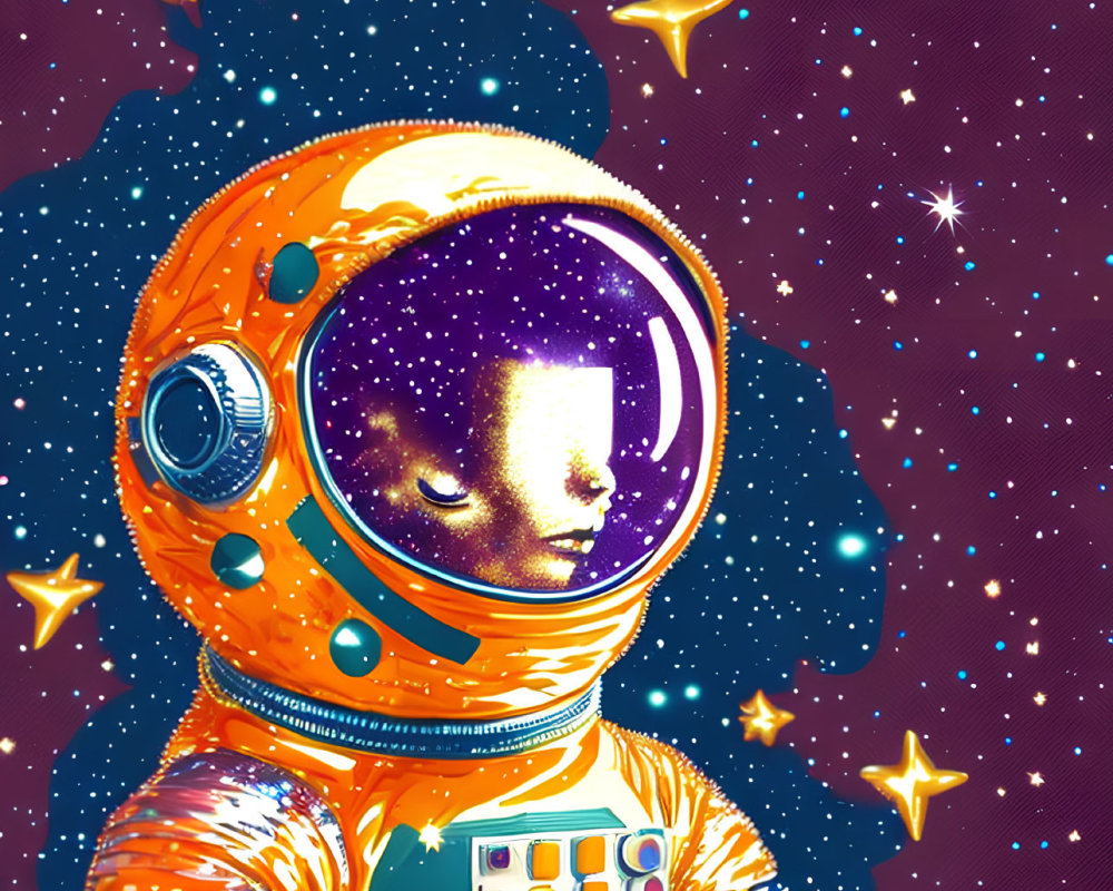 Astronaut in orange suit with reflective helmet visor in space