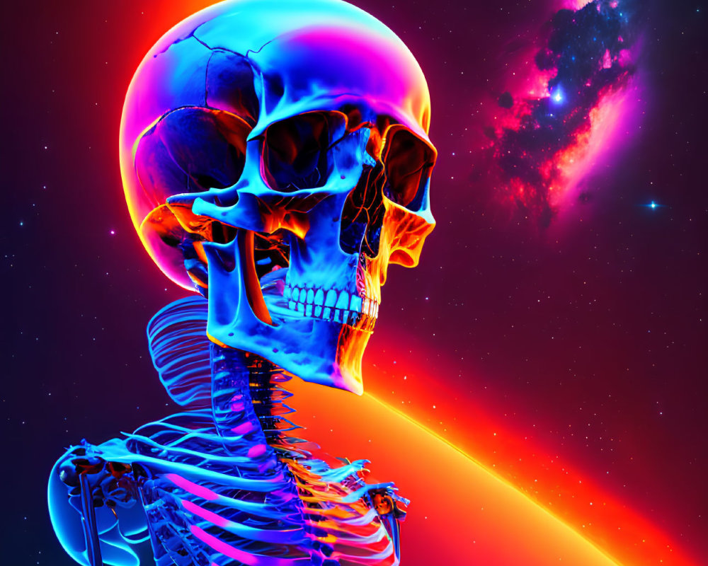 Colorful digital artwork: Glowing skull on skeleton against cosmic backdrop