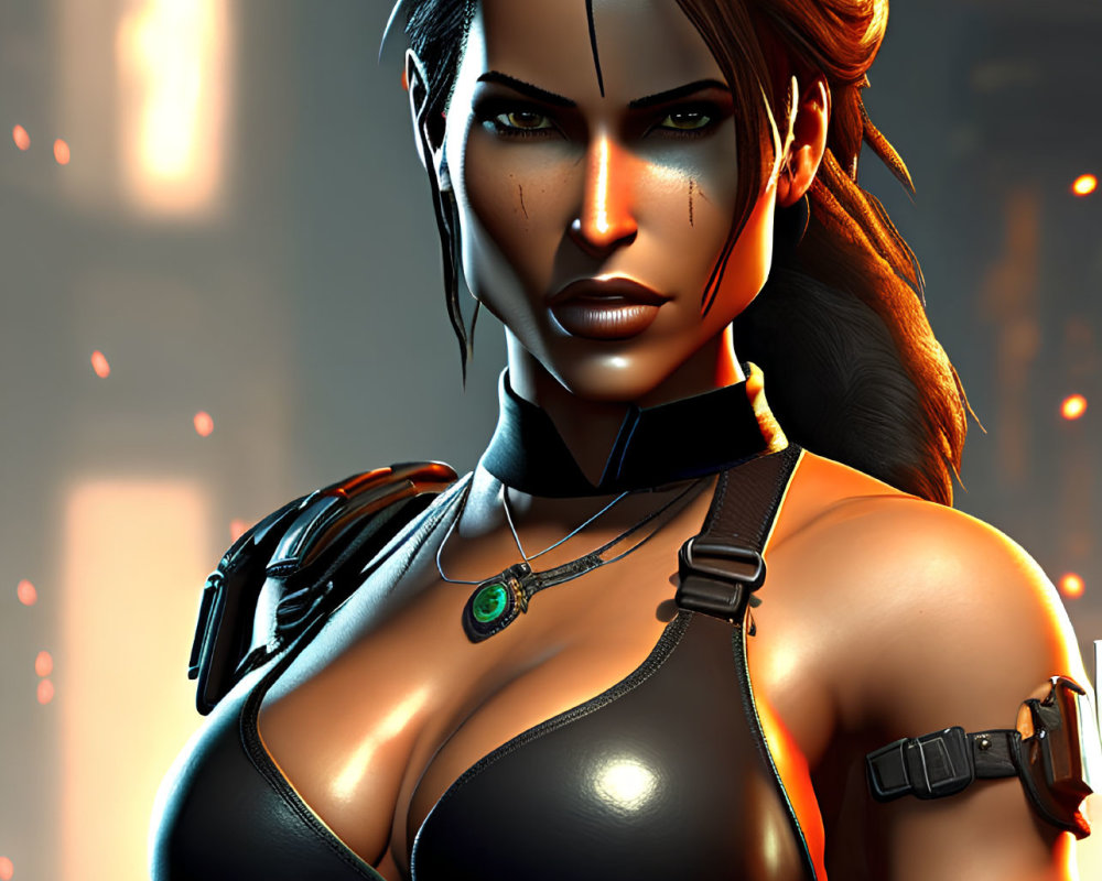 Digital art: Female character with brown hair, intense eyes, black tactical outfit, necklace, in dim