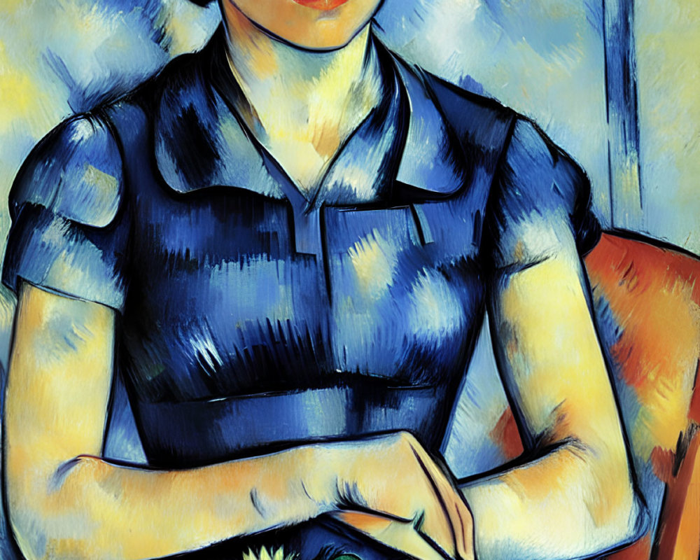 Portrait of Woman in Blue Dress with Stern Expression
