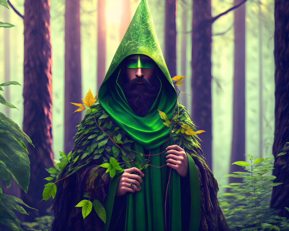 Person in Green Leaf Cloak Standing in Misty Forest Holding Plant Stem
