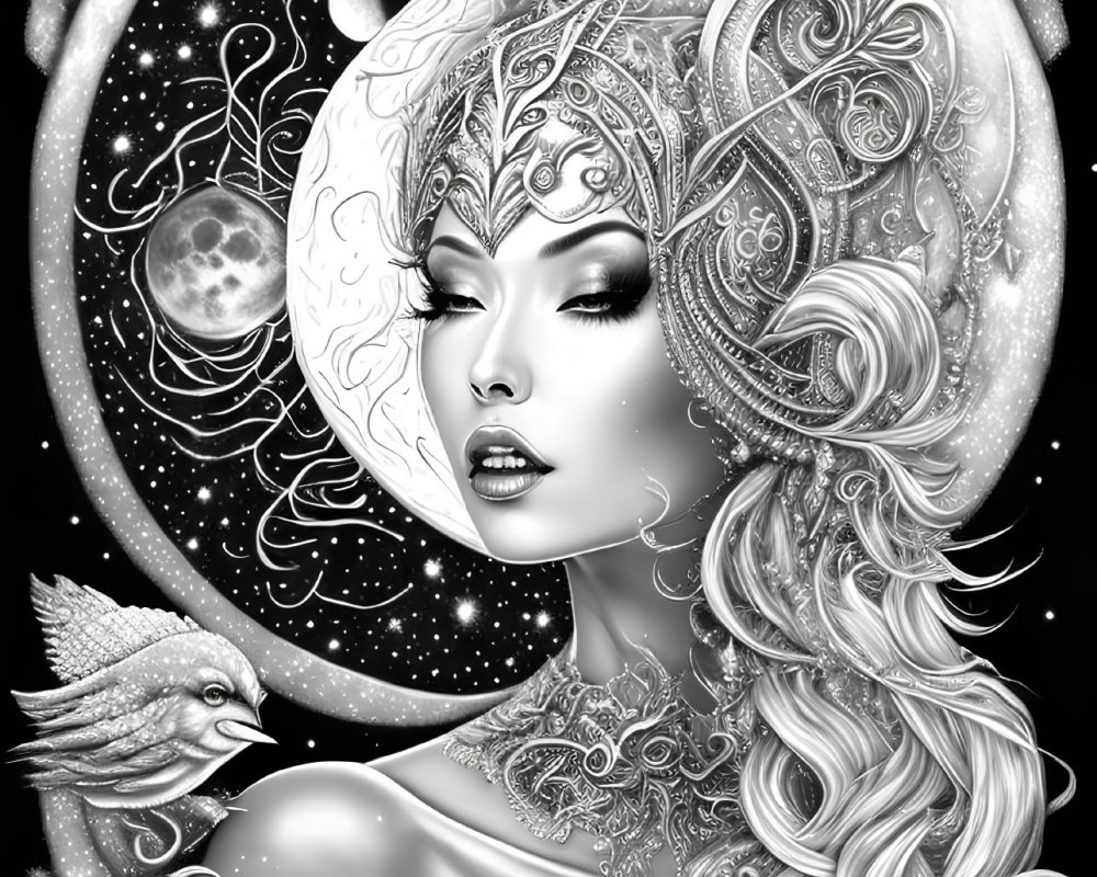Monochromatic illustration of woman with cosmic hair and bird on crescent moon.