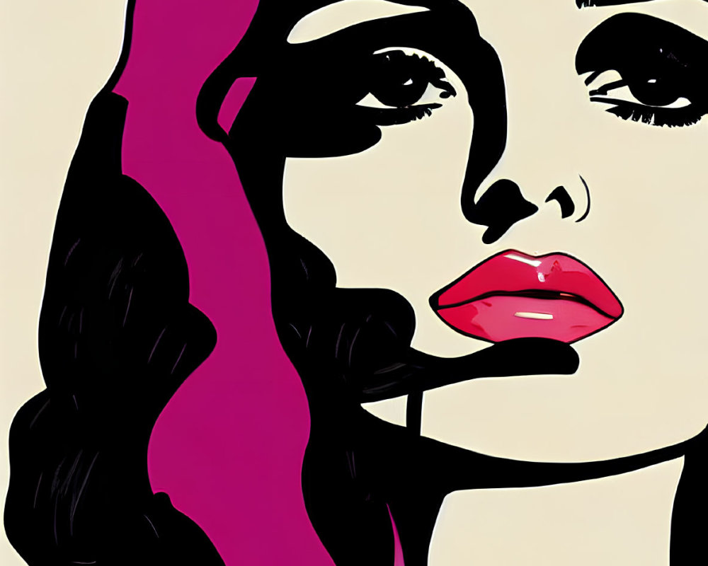 Colorful Pop Art Illustration of Woman with Pink Hair and Bold Outlines