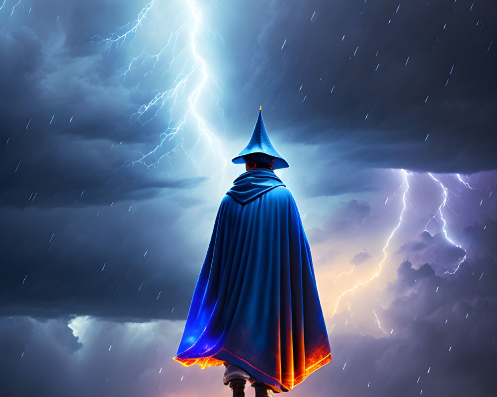 Wizard in Blue Cloak on Roof under Stormy Sky with Lightning