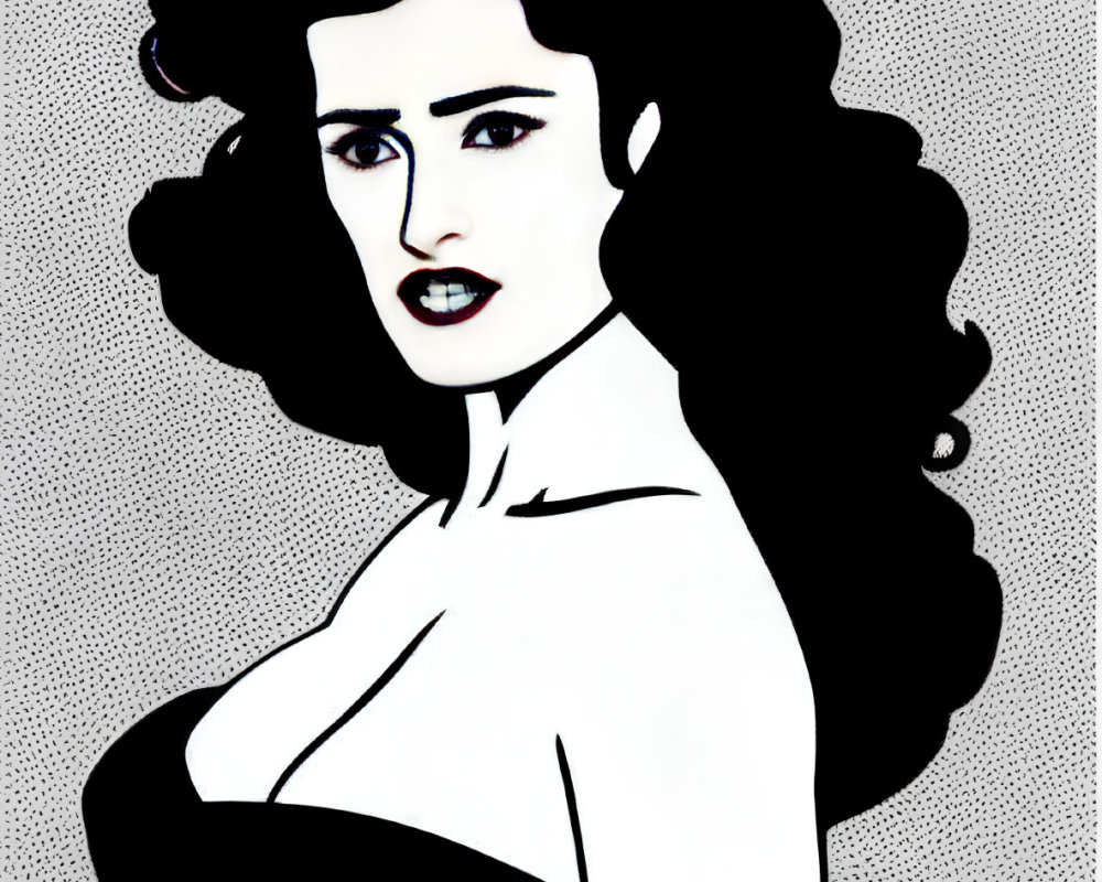 Monochrome illustration of woman with curly hair and dark lipstick