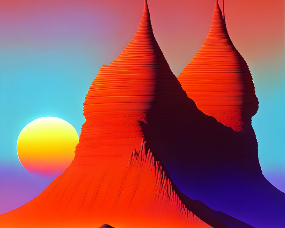 Fantastical landscape with towering sharp-peaked dunes under a colorful sky