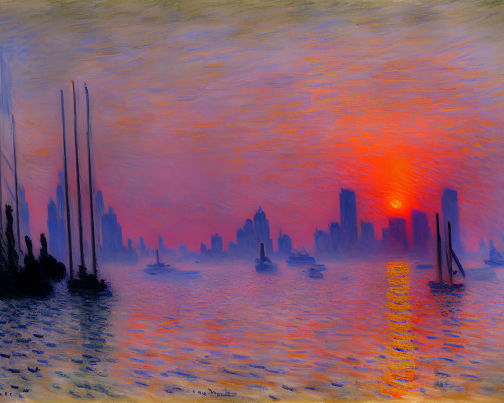 Impressionist painting: Sunset over city skyline with boat silhouettes, vibrant orange, blue,
