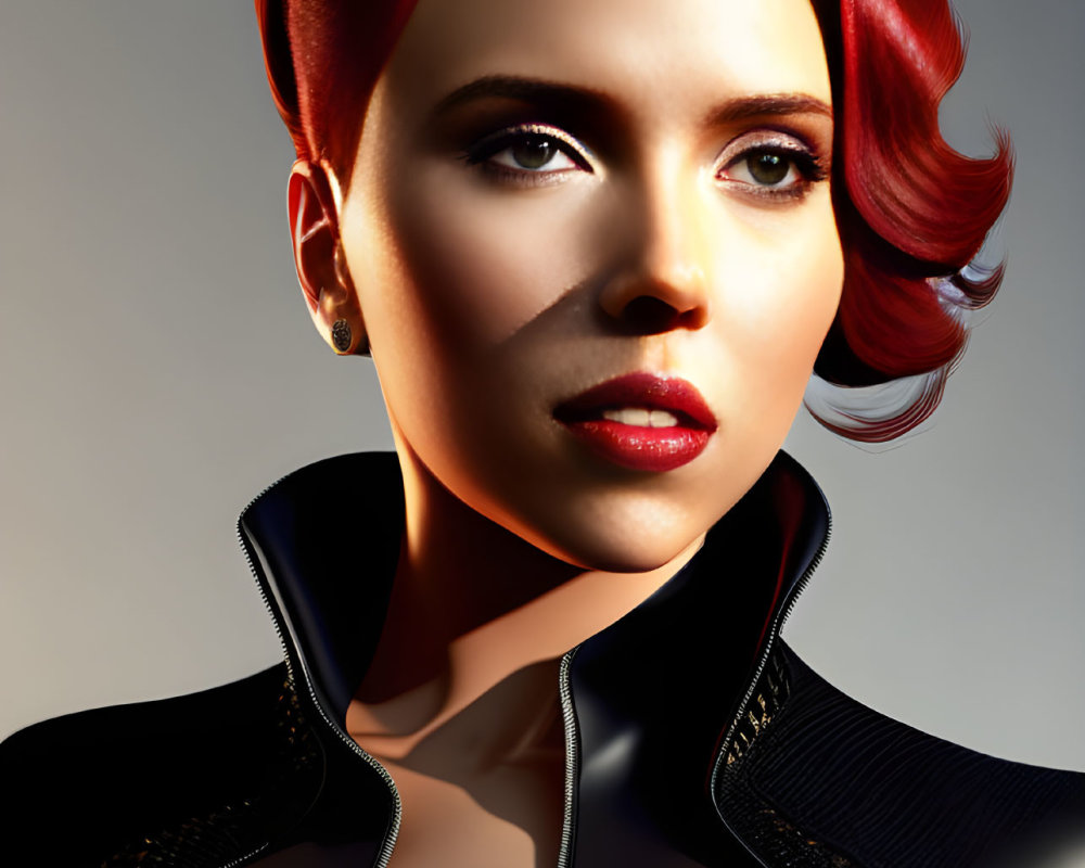 Photorealistic 3D rendering of woman with red wavy hair in black leather outfit