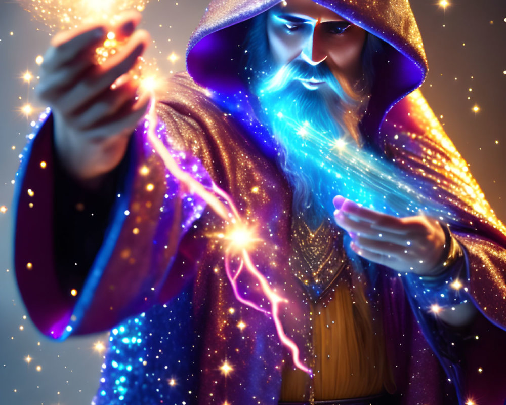 White-bearded wizard in starry cloak casting magic against dark starlit backdrop
