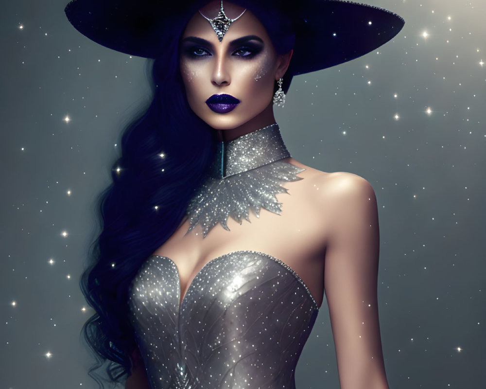Mystical woman in silver outfit with pointed hat and bird in starry setting