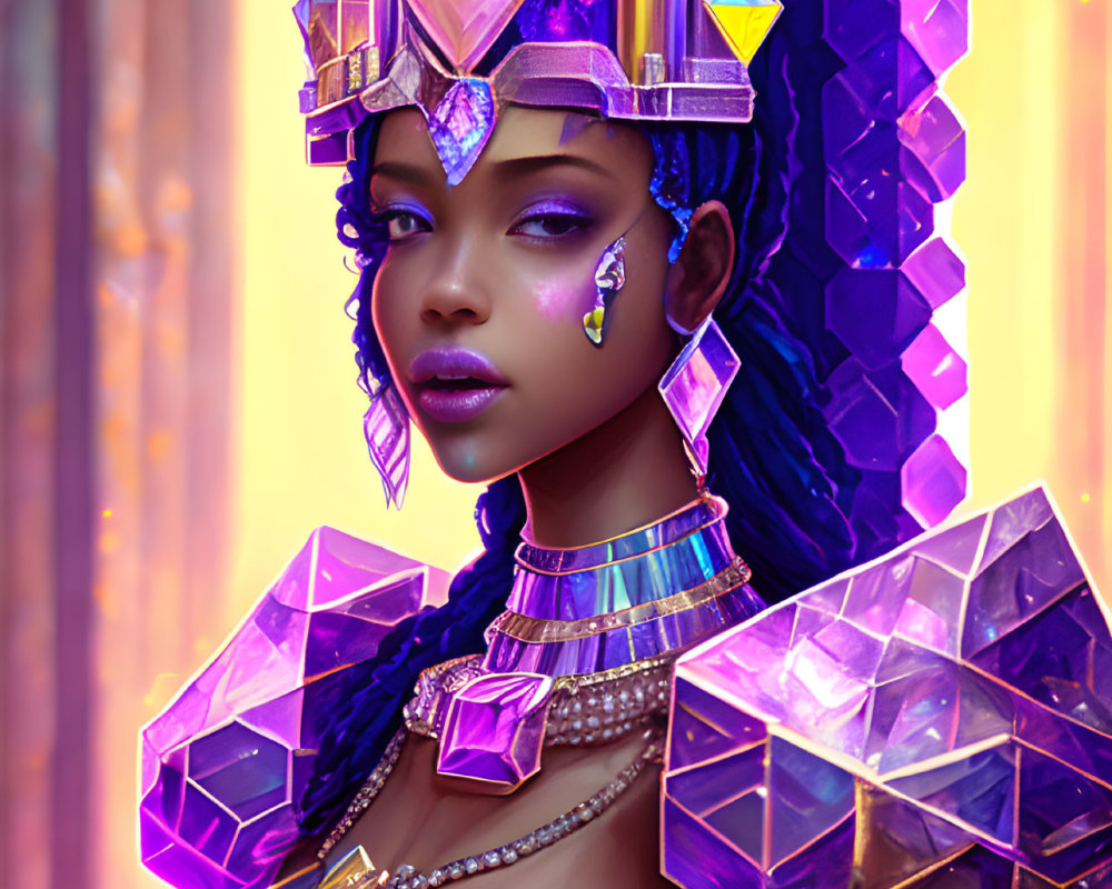 Crystal-themed digital artwork of a woman with purple and blue adornments