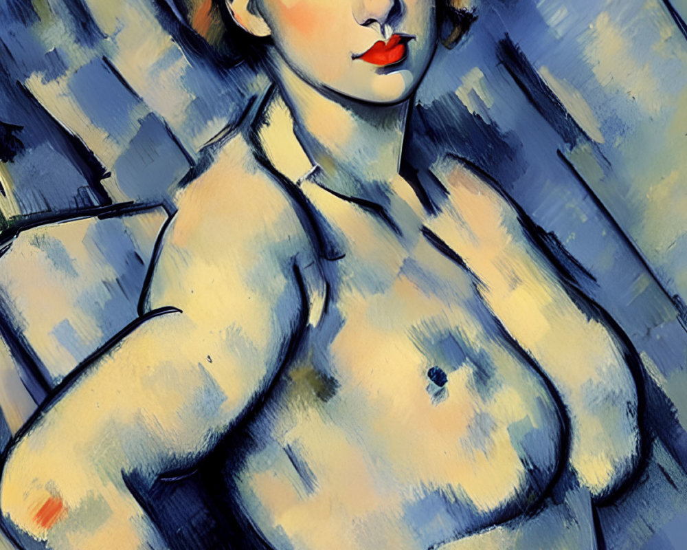 Woman with Bob Haircut in Cubist Style with Blue and Yellow Tones