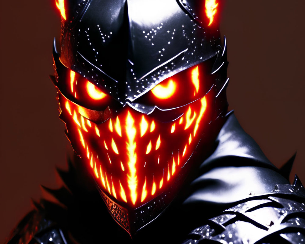 Sinister figure with glowing red eyes in horned helmet on dark background