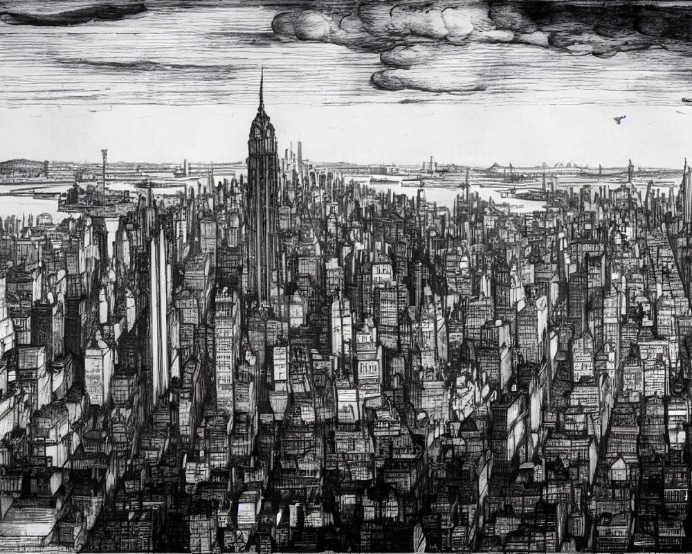 Monochromatic sketch of dense cityscape with high-rise buildings & central tower