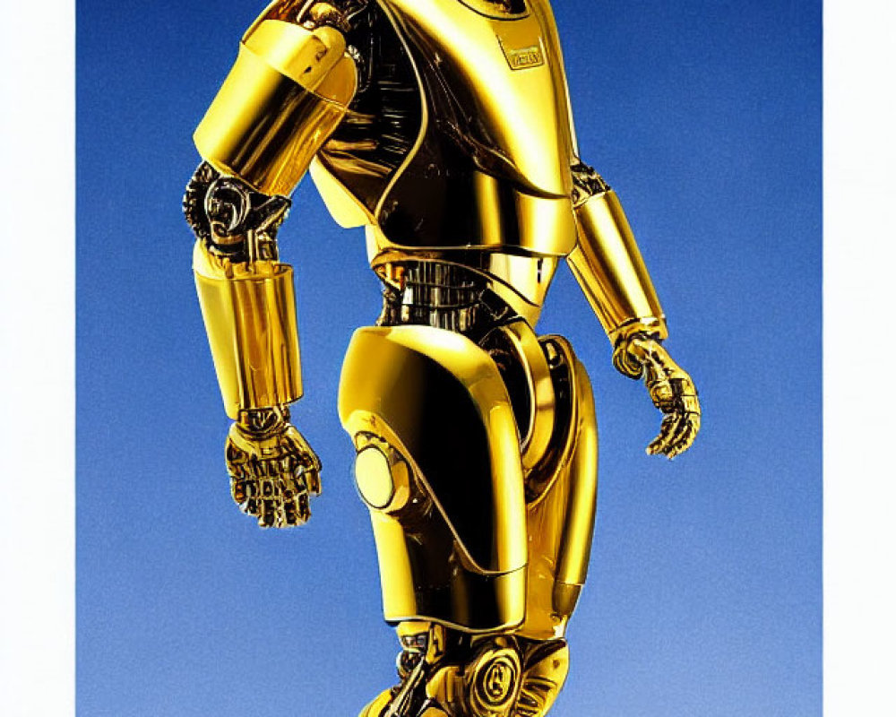 Golden humanoid robot with detailed mechanical joints on blue background