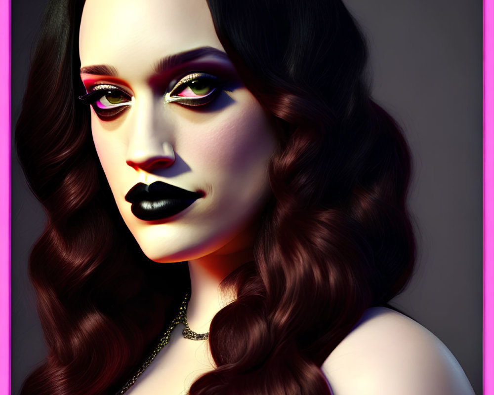 Dark-haired woman with bold makeup on glamorous digital art.
