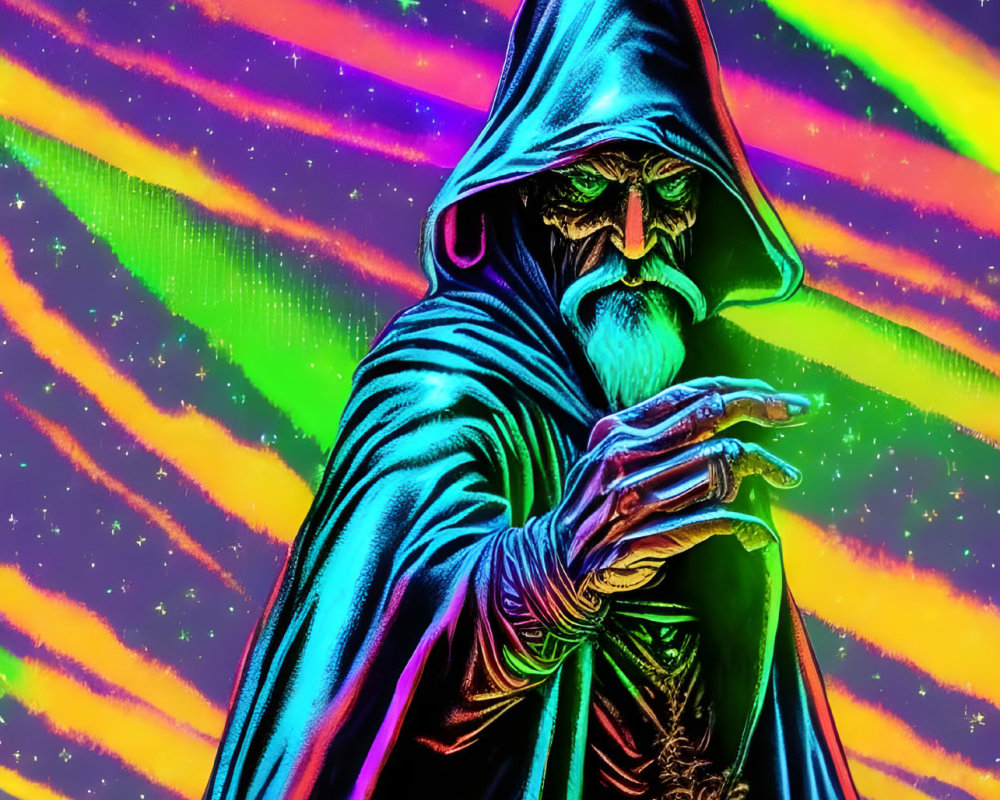 Colorful Wizard in Cloak and Pointed Hat Against Psychedelic Rainbow Background