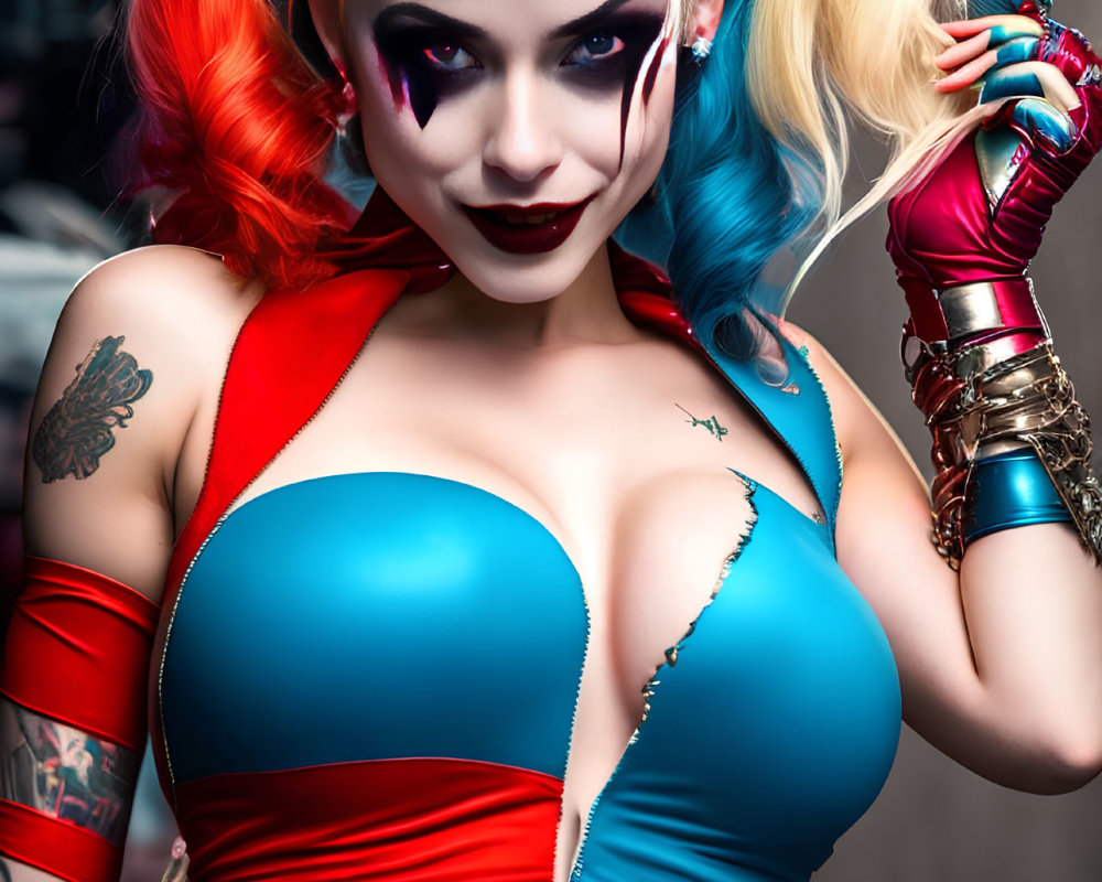 Colorful Harley Quinn Cosplay with Pigtails and Revealing Costume
