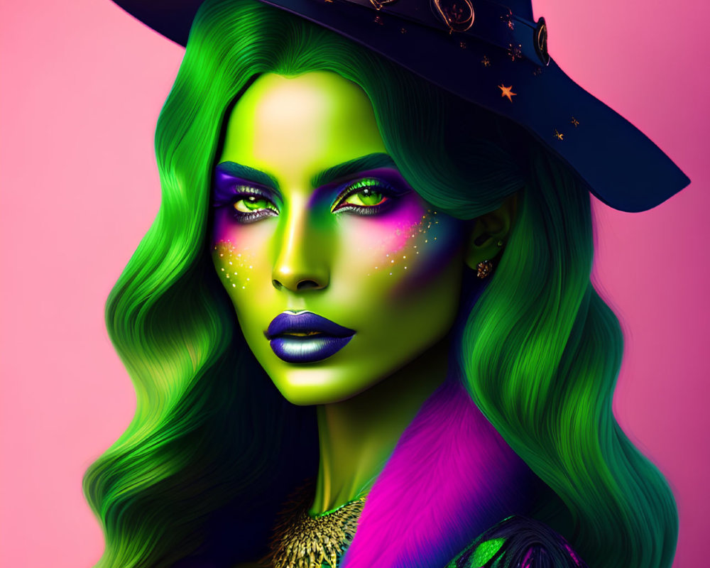 Colorful digital artwork featuring woman with green hair, witch hat, stars, moons on pink backdrop