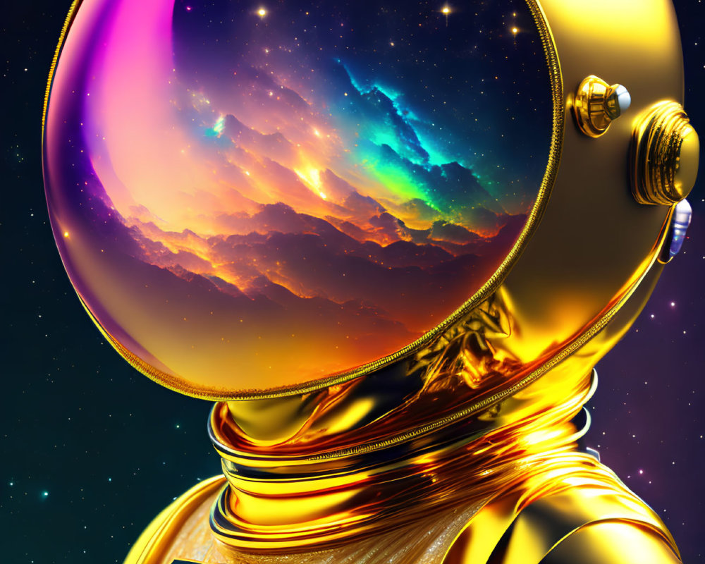 Golden astronaut helmet with vibrant nebula in starry space.