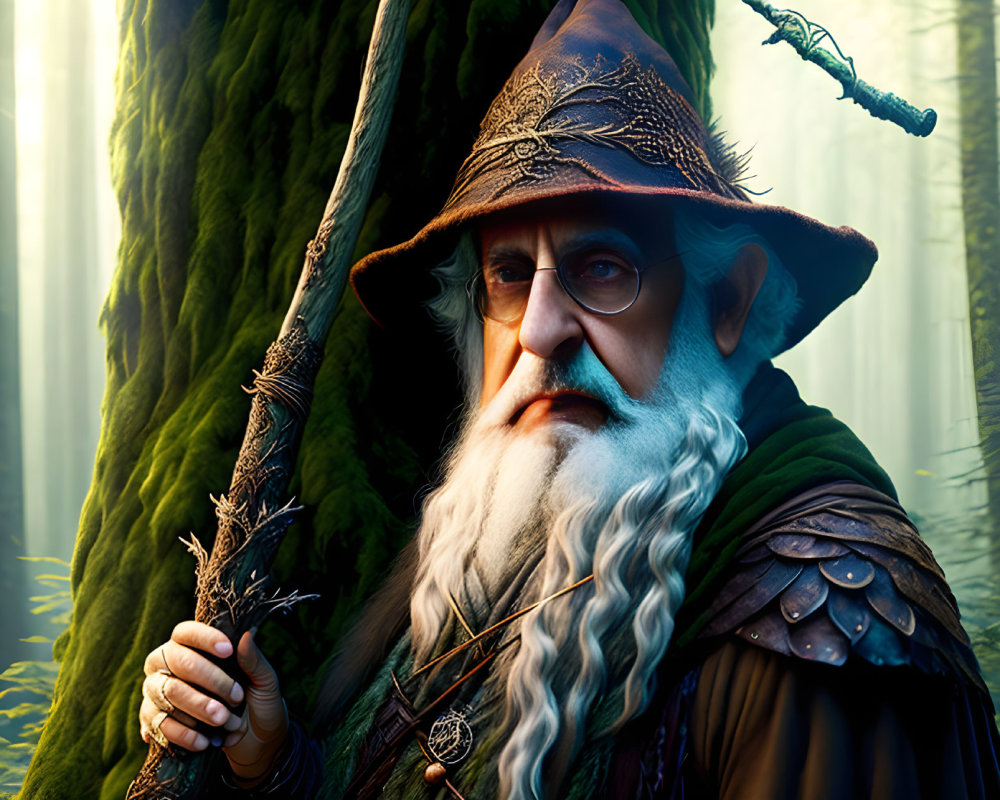 White-bearded wizard in pointed hat with staff in mystical forest.