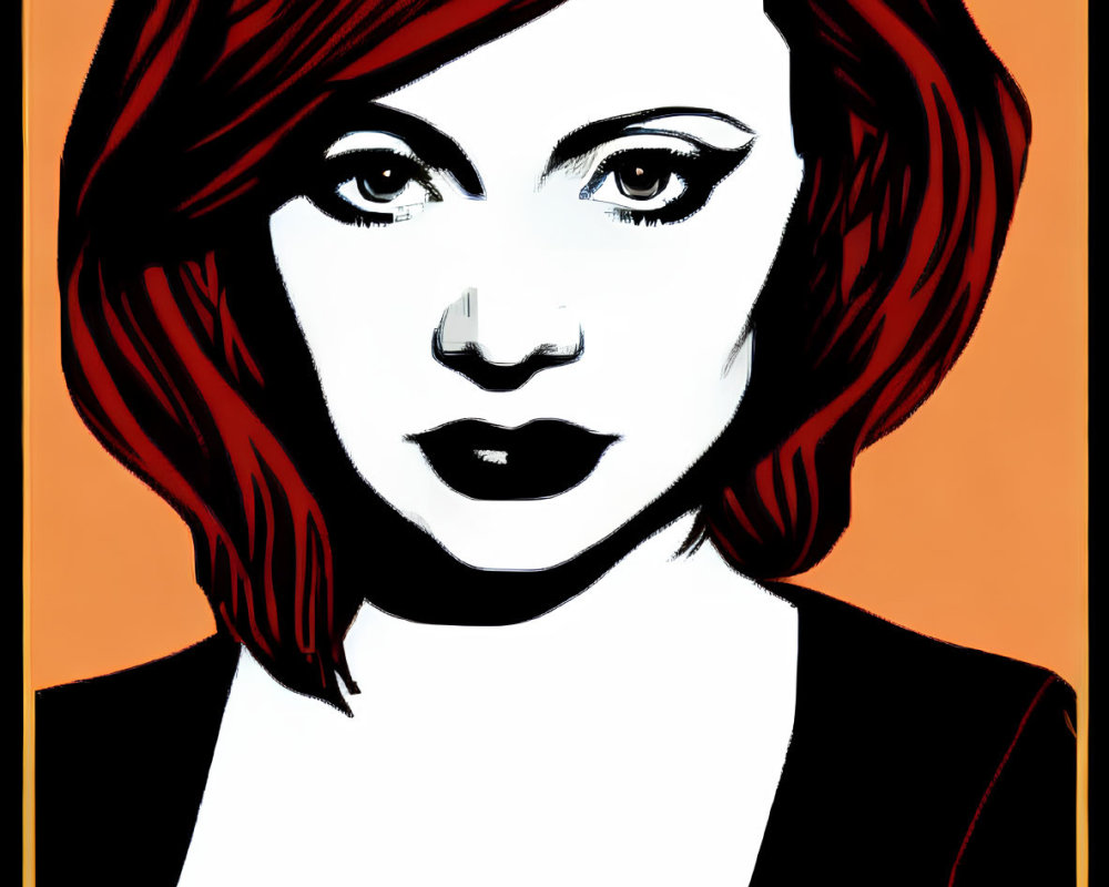 Vibrant pop art portrait of a woman with red hair on orange background