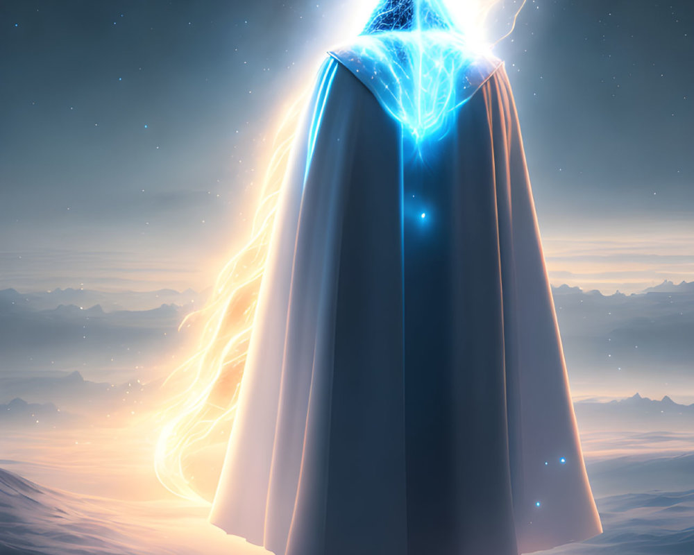 Mystical figure in cloak and pointed hat on rock with ethereal blue light against starry twilight