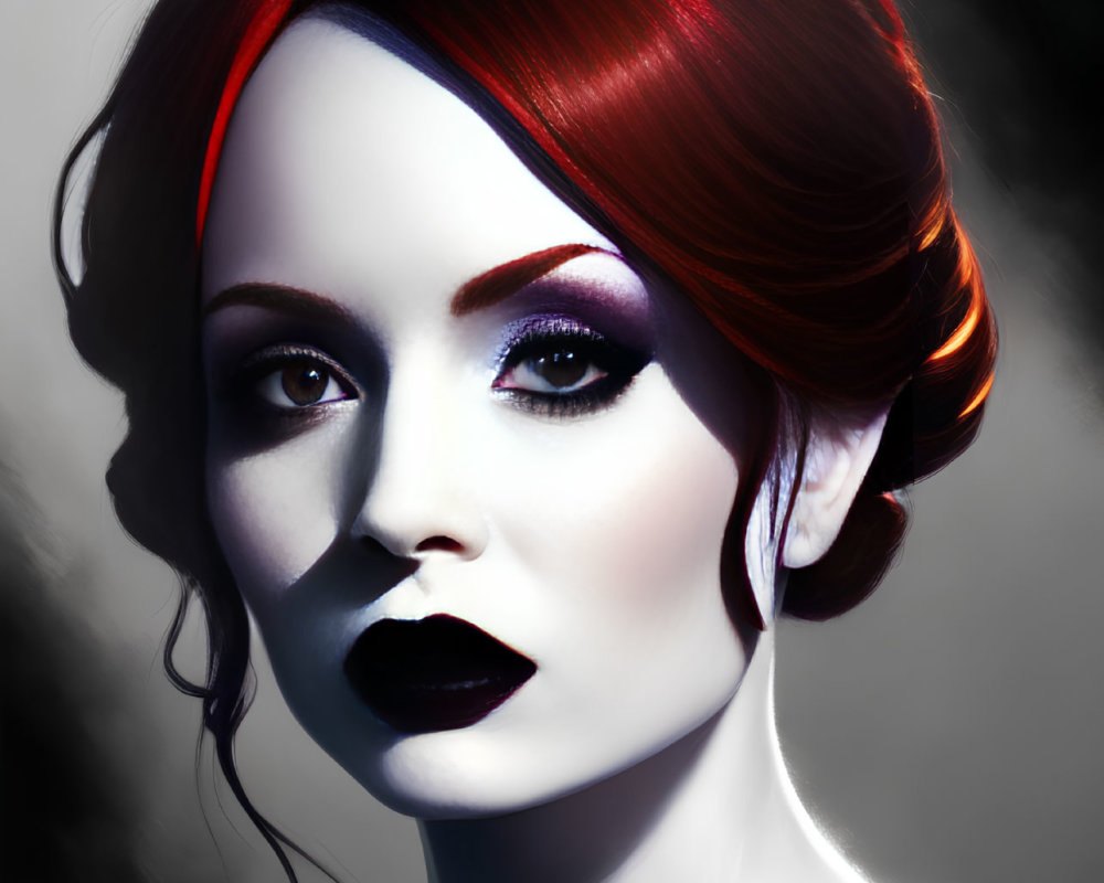 Stylized portrait of a woman with red hair and dark makeup