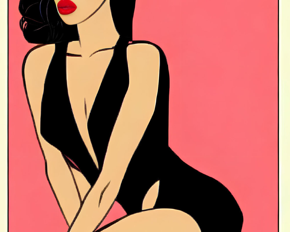 Stylized art: Woman with black hair, red lips, black outfit on pink background
