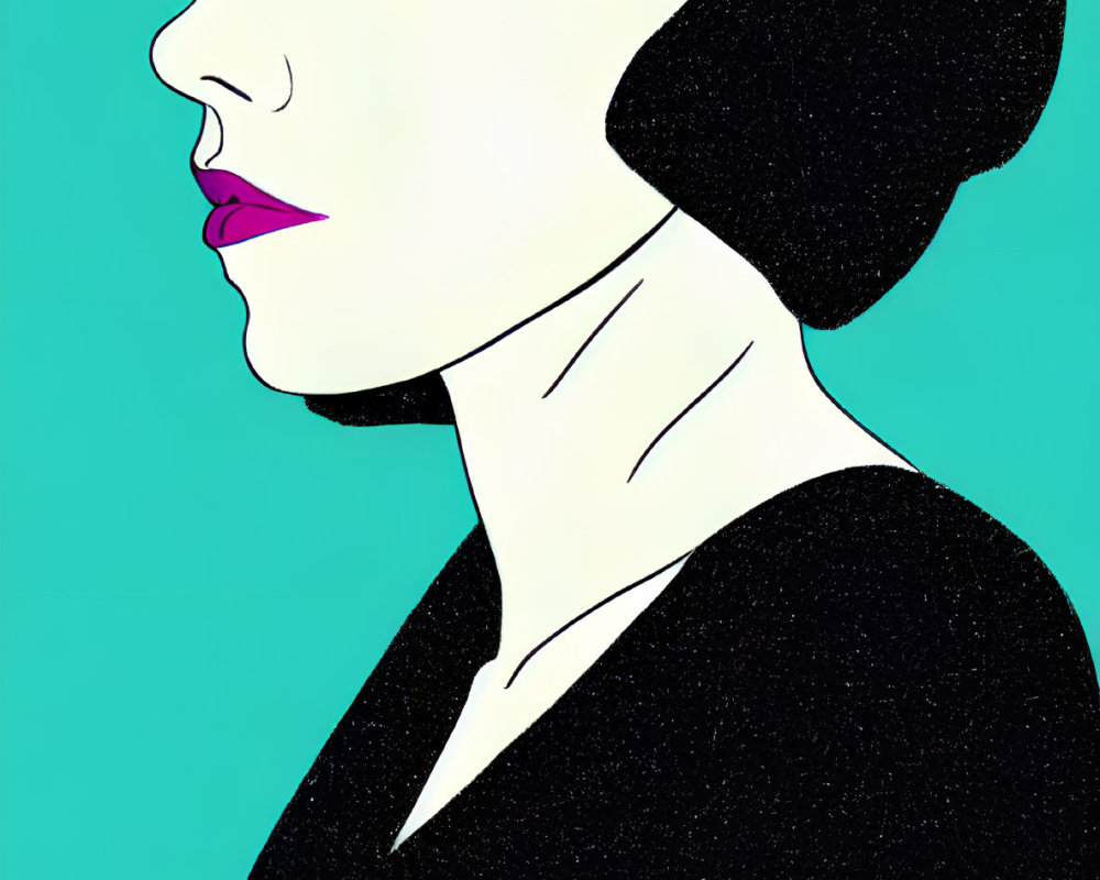 Profile view illustration: woman with blonde and black hair, pink lipstick, on teal background