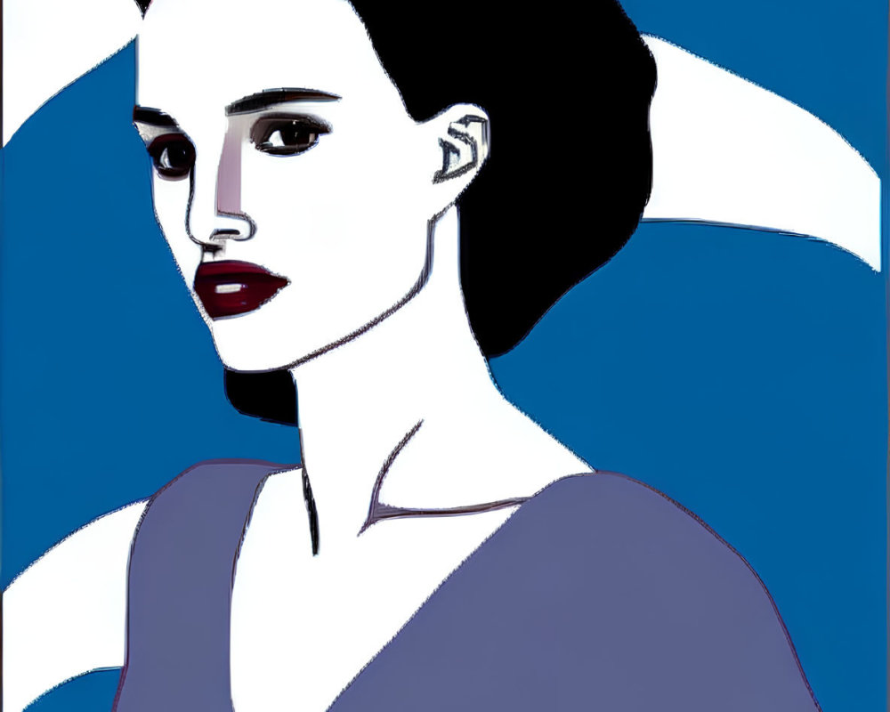 Stylized illustration of woman with dark hair and red lips in purple dress on blue background