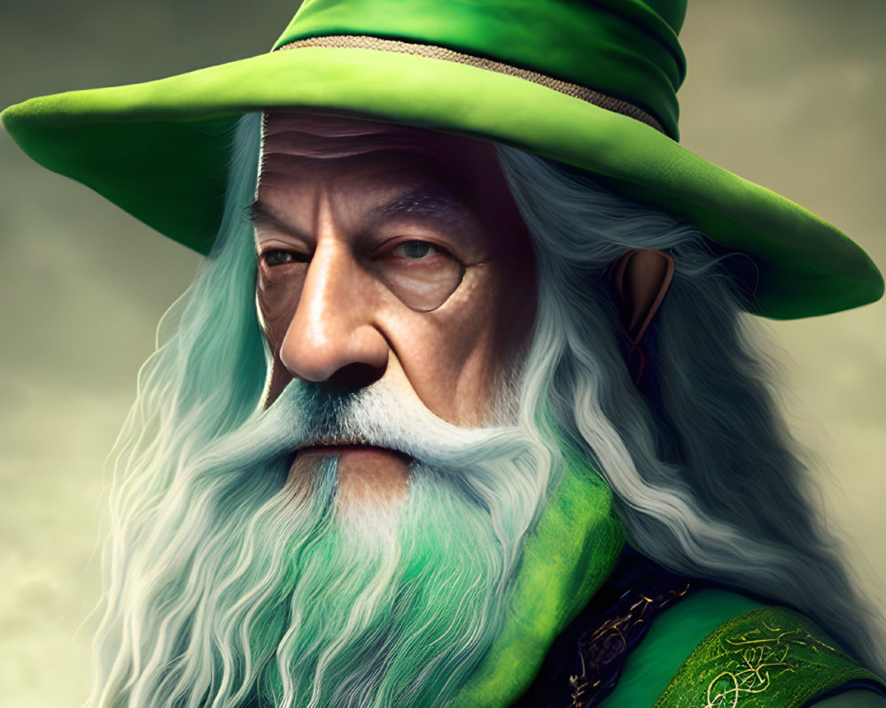 Elderly Wizard Illustration in Green Robe & Hat