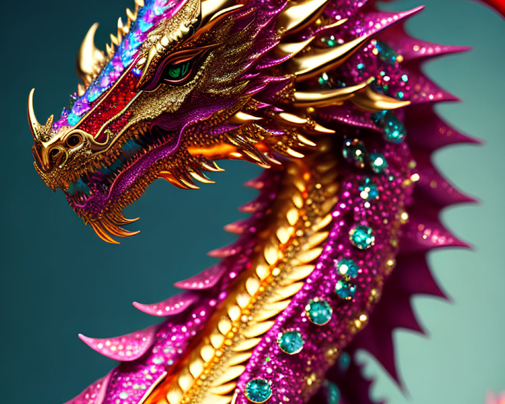 Dragon digital illustration with pink scales and green eyes on teal background