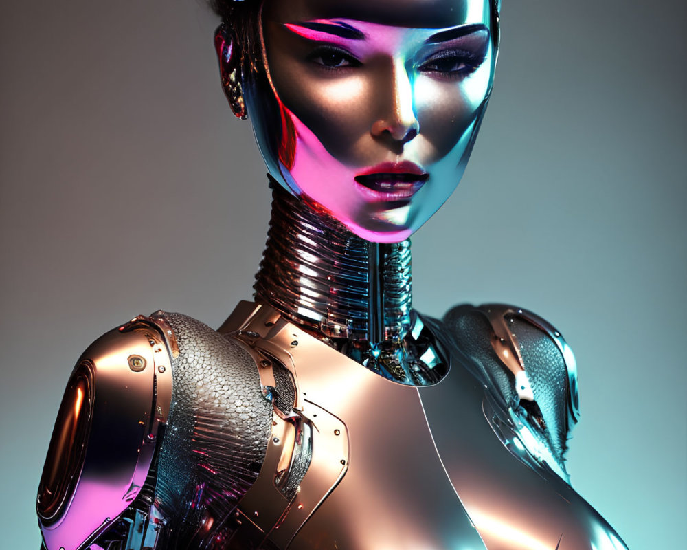 Hyper-realistic humanoid robot with shiny metallic surface and intricate mechanical details