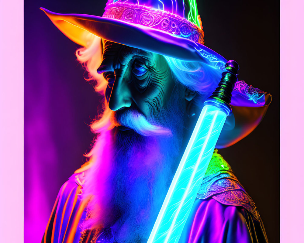 Colorful Wizard in Neon Costume with Glowing Staff and Hat on Dark Background