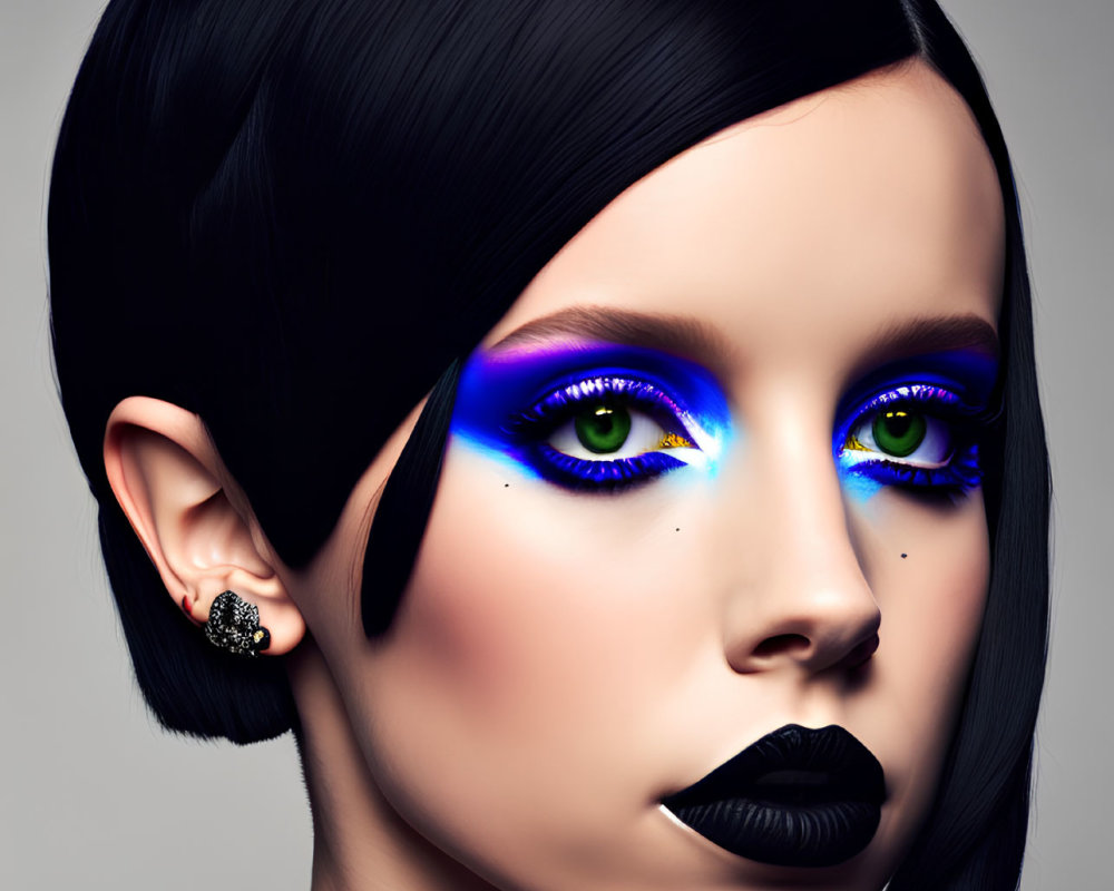 Portrait of person with sleek black hair, blue and purple eye makeup, black lipstick, elegant earrings