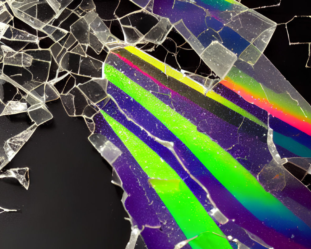 Iridescent glass shards on dark surface with colorful reflections