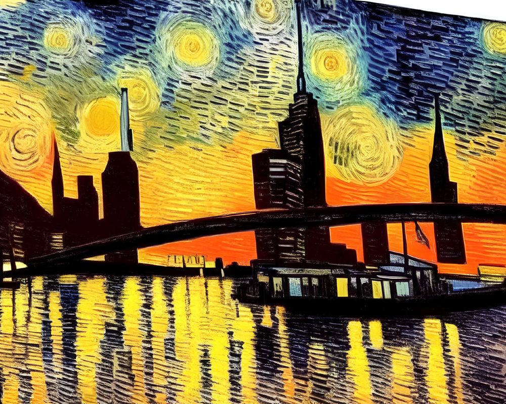 Colorful cityscape painting with starry-night sky and water reflections