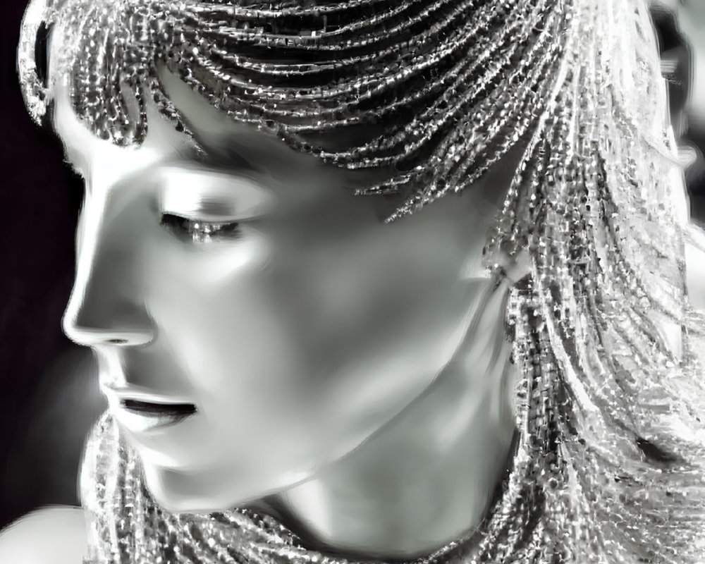 Detailed monochromatic artwork: Woman with beaded hair and necklace