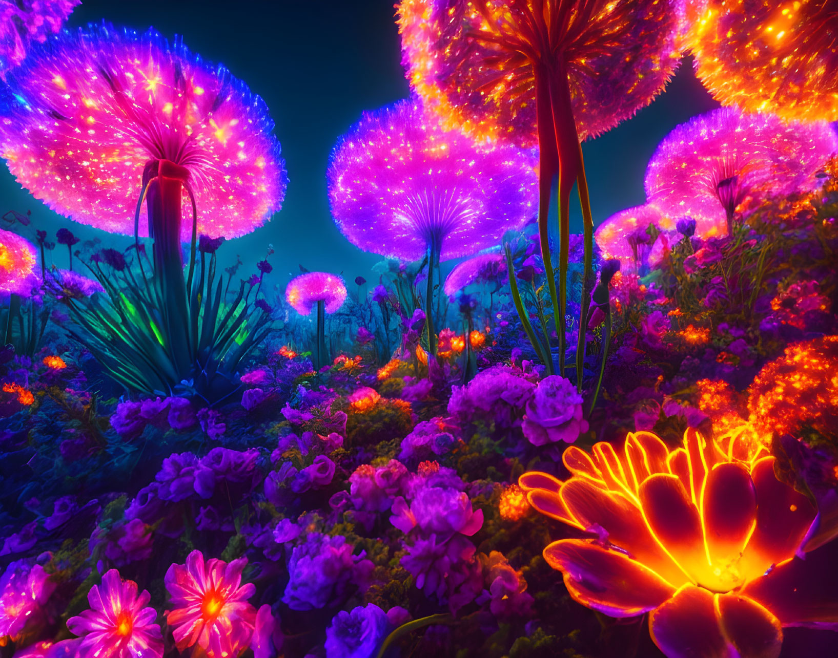 Colorful surreal landscape with neon flower-like structures