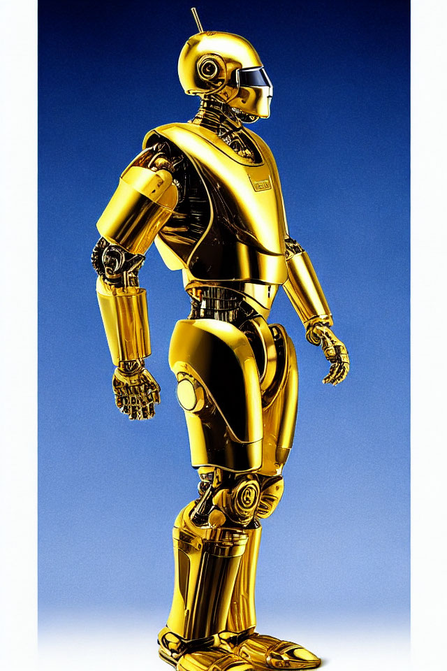 Golden humanoid robot with detailed mechanical joints on blue background