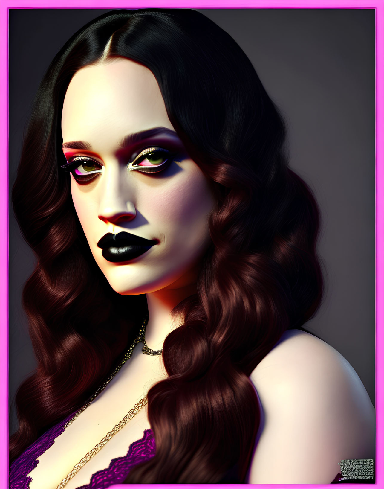 Dark-haired woman with bold makeup on glamorous digital art.